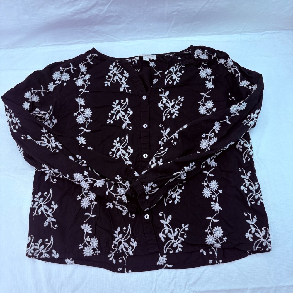 Jennifer & Grace Black White Floral Embroidered Cotton Blouse Top Womens Medium